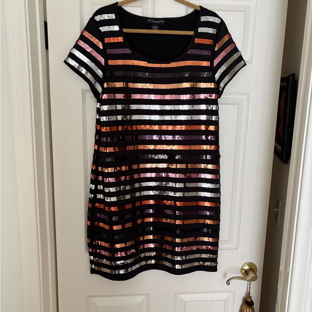 Colleen Lopez Black Short Sleeve Sequin Stripe Mini Dress